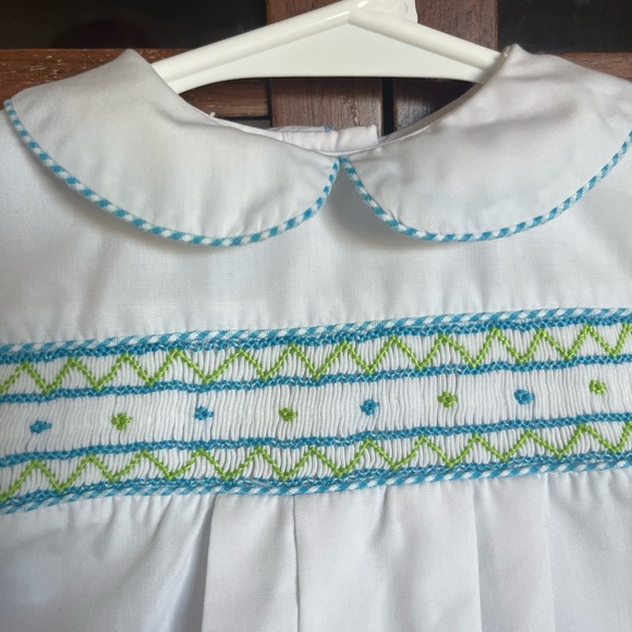 White Baby Romper with Blue and Green Smocking - Picture 2 of 2